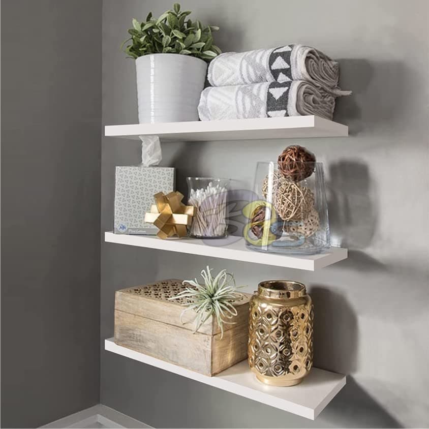 Device Bas with BROWN ART SHOPPEE 3 Pieces Floating Shelves, Wall Mounted Wooden Shelf with Invisible Brackets, Wall Decorative Shelf for Living Room Bathroom Kitchen Office (White)