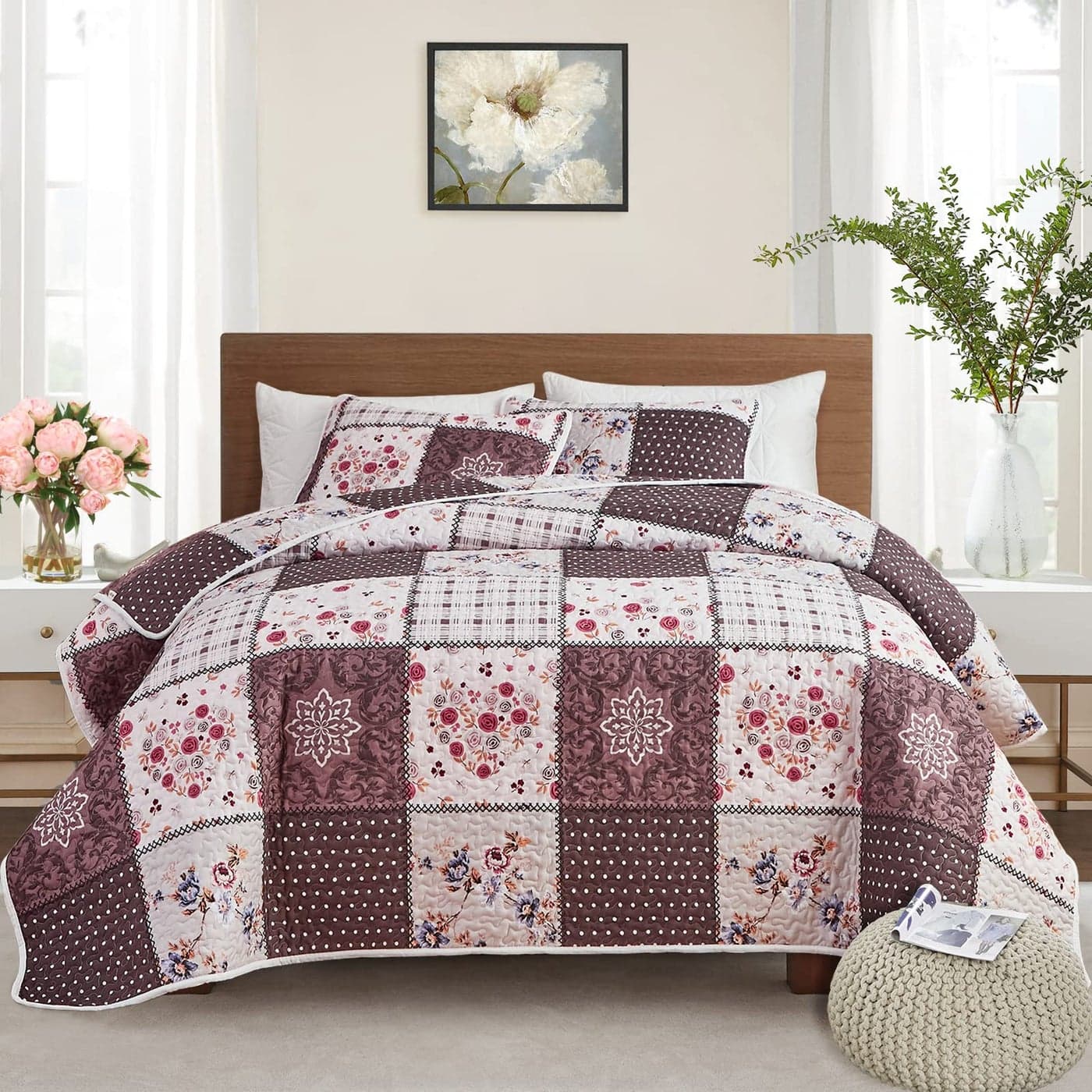 Patchwork Quilt Set King Size 3 Pieces Brown Floral Plaid Summer Bedspread Coverlet Set Soft Microfiber Reversible Lightweight Bed Cover for All Season 102 x 90 1 Quilt 2 Pillow Shams