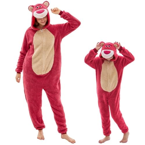 GONAAP Adult Onesie Pajamas Sherpa Animal One Piece Halloween Cosplay Costume for Women Men(Rose Bear,4-5T)