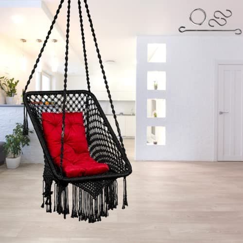 Swing/Swing for Balcony/Swing for Adults/Jhula/Swing Chair for Adults for Home/Hammock Swing for Adults/Swing for Living Room/Swing for Outdoor Premium Rectangular Swing Chair with Red Cushion-Black