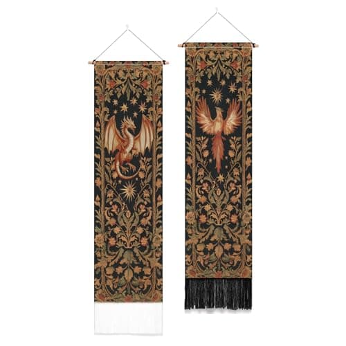 PLIGREAT 2 Pack Dragon and Phoenix Totems Wall Tapestry Vintage Aesthetic Vertical Wall Hanging for Bedroom Living Room Home Decor Long Narrow Art Tapestry with Tassels, 52" x 13"