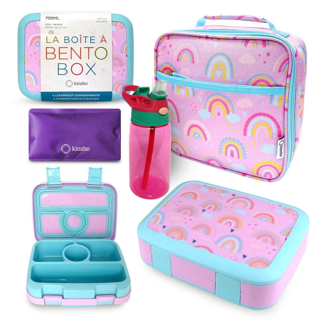 Bento Lunch Box with Insulated Bag Water Bottle Ice Pack Set for Kids Toddlers 4 Portion Sections Removable Tray PreSchool Girl Kid Toddler Daycare Lunches Snack Container Purple Rainbow