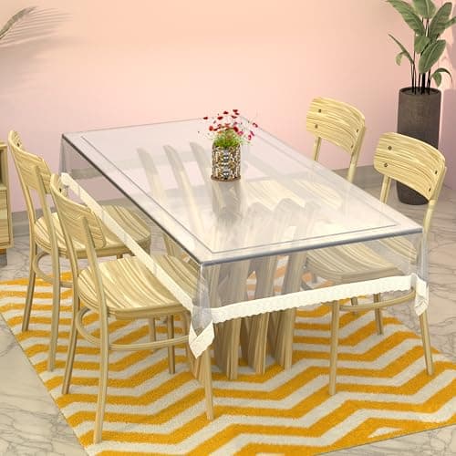 Kuber Industries PVC Rectangular Transparent Table Cover | 4 Seater | Waterproof & Dustproof | White Lace | 45x70 Inch