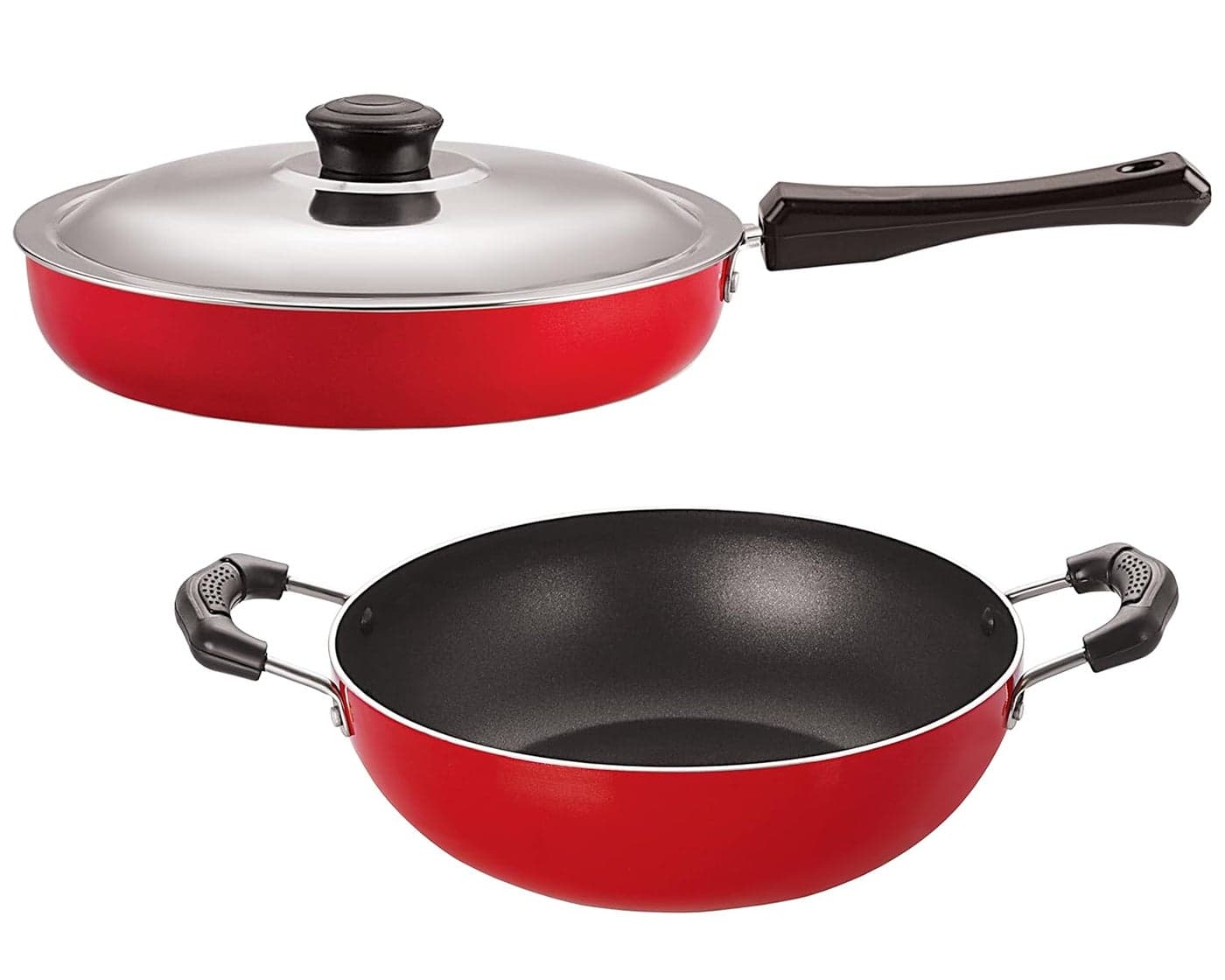 Nirlon 2 Pieces Non Stick Coated Healthy Kitchen Cooking Combo Set of Fry Pan-3.2 LTR & Kadhai-1.5 LTR