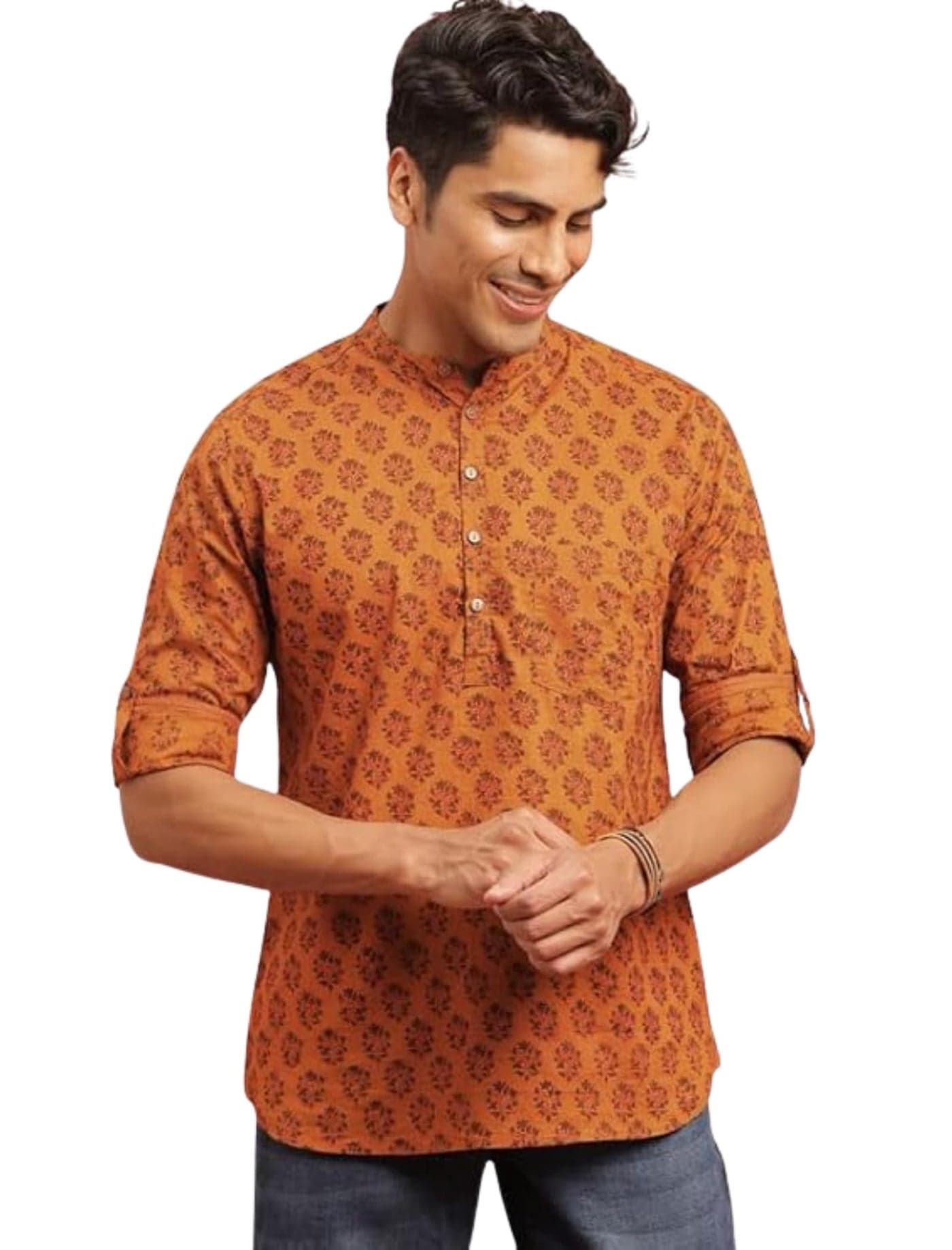 DEELMO Men’s Cotton Blend Printed Long Sleeve Short Kurta | Stylish Casual & Ethnic Wear | Comfortable Mandarin Collar Kurta for Daily, Festive & Party Outfits