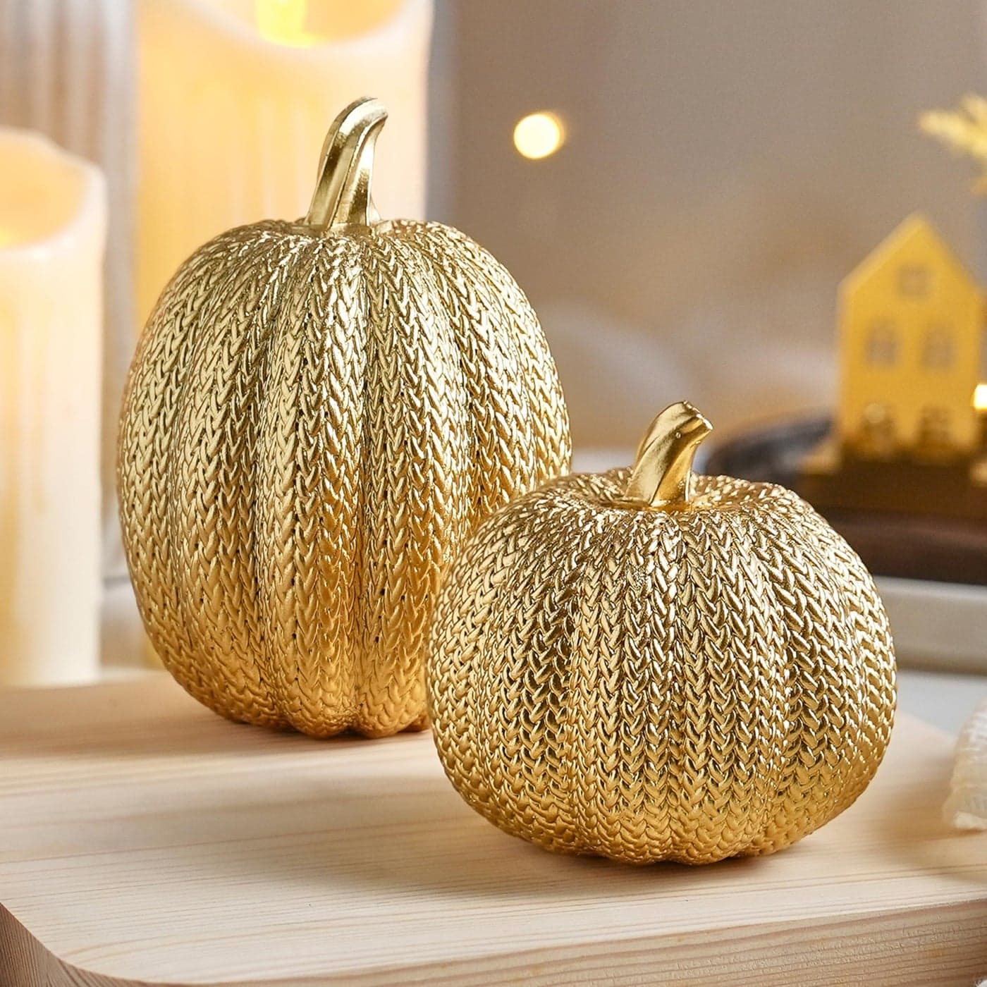 FESTGLOX Pumpkin Fall Decor Indoor Gold Pumpkin for Decorating 2Pcs Resin Pumpkins Decor with Woven Effect Thanksgiving Table Centerpiece Fireplace Autumn Harvest Party Decorations