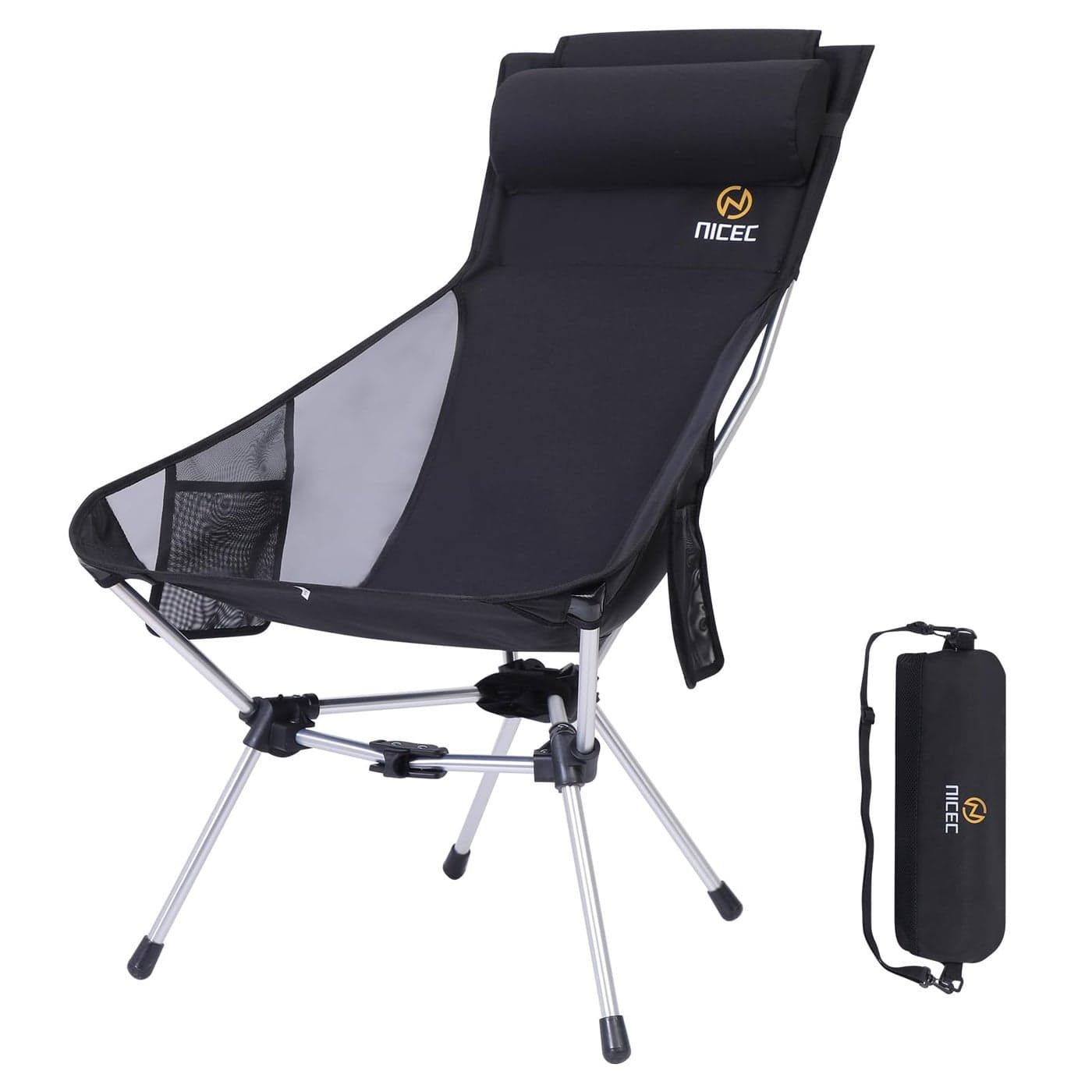 Nice C Ultralight High Back Folding Camping Chair Backpacking Chair Compact Heavy Duty Outdoor Travel Picnic Festival with 2 Side Pockets Pillow Carry Bag One Black