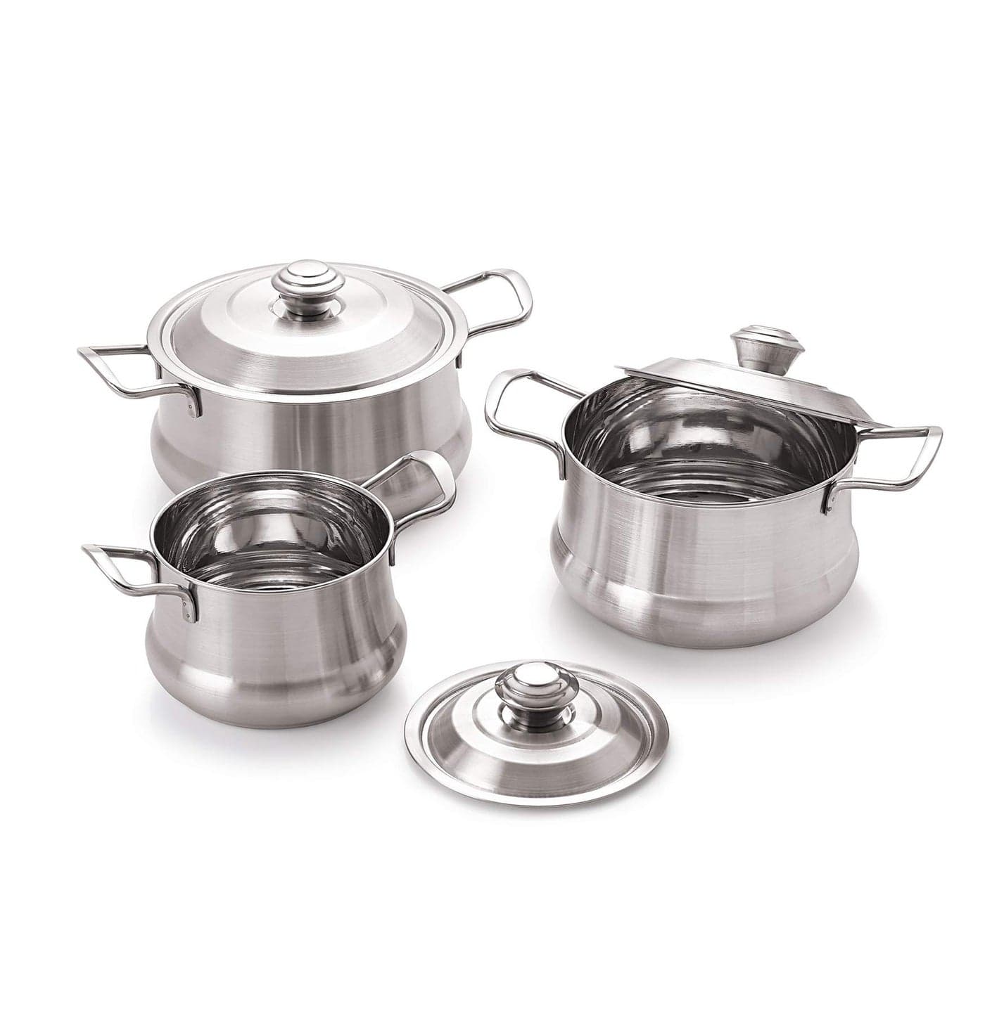 COOKWELL Crown Mirror Finish Stainless Steel 6 pcs Serving Bowl - Pot with Lid, (3 Piece Bowl & 3 Piece Lid)
