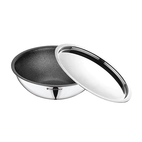 BERGNER Hitech-Peek Triply Stainless Steel Tasla/Tasra Kadai with Steel Lid, 26 cm, Non Stick Performance Coating, Induction Bottom, Gas Ready, Metal Spatula Friendly