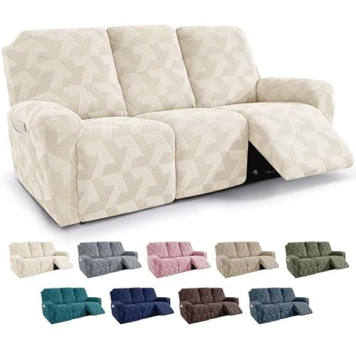 JIVINER Stretch Recliner Couch Covers, 5 Pieces Geometrical Jacquard Recliner Sofa Slipcover with Elastic Bottom & Pockets, Lazy Boy Recliner Sofa Covers for Pet, Kids (3 Seater, Beige)