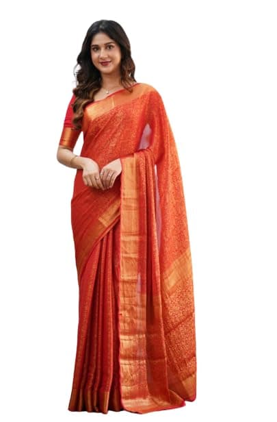 Flosive Women's Orange Kanjivaram Silk Saree with Rich Gold Zari Woven Border & Pallu, Traditional South Indian Style Wedding Party-Wear Saree with Unstitched Blouse Piece for Festive Occasions