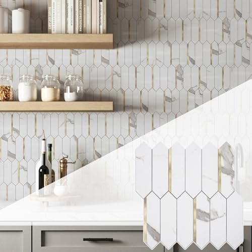 KASARO Peel and Stick Backsplash Long Hexagon Wall Tile, 10-Pieces PVC Self Adhesive Mosaic Tiles, Marble White with Vintage Gold Stripes Decorative for Kitchen, Bathroom and Fireplace
