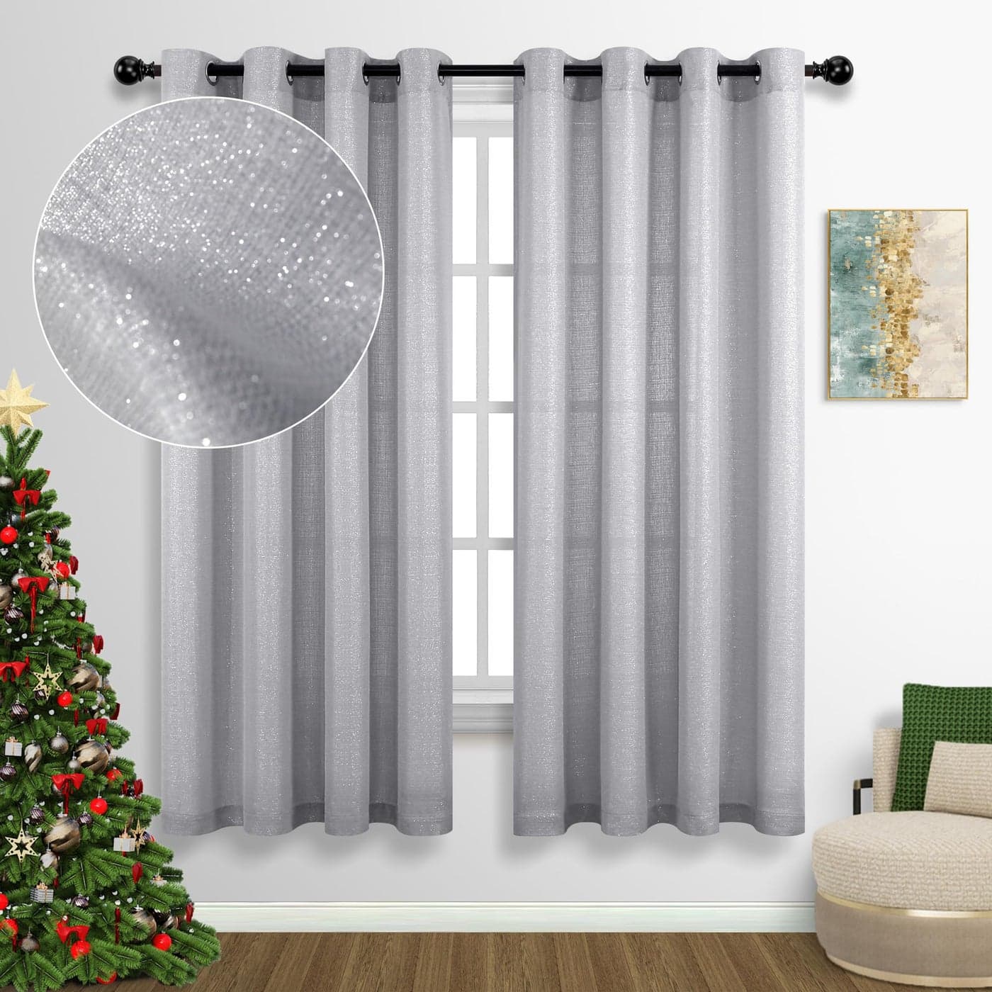Silver Curtains 63 Inch Length for Kids Bedroom 2 Panels Grommet Semi Sheer Darkening Glitter Sparkle Glam Fancy Light Grey Curtains for Baby Boys Nursery Room Girls Luxurious Decoration 63 Long Gray