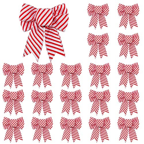Dingion 20 Pieces Candy Stripes Bow Christmas Wreath Bows Xmas Peppermint Candy Cane Stripes Dots Plaid Bow for Christmas Tree Garland Ribbon Door Window Outdoor Party 43 x 51 InchStripe Style