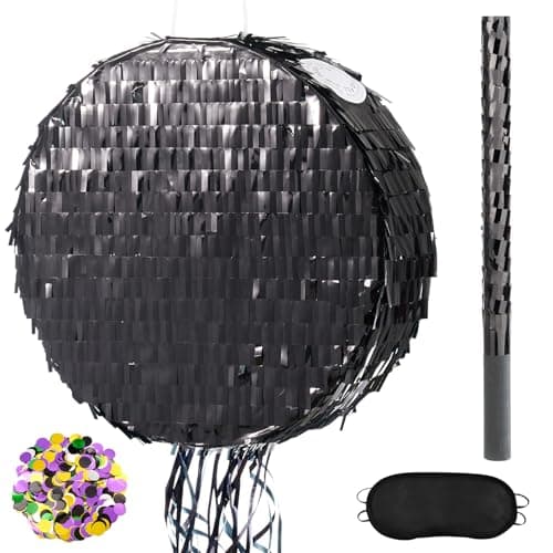 WERNNSAI Black Round Piata for DIY Halloween Black Moon Piata for Kids DIY Birthday Party Disco Decoration for Adult Night Party Supplies with Confetti Bat Blindfold 122x 122