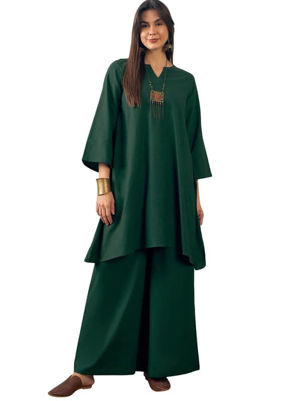 InWeave DARK GREEN V NECK LONG FULL SLEEVE KURTA PALAZZO SET