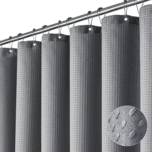 Dynamene Grey Fabric Shower Curtain for Bathroom - Waffle Weave Textured Heavy Duty , 256GSM Hotel Luxury Weighted Cloth Bath Curtain Set with 12 Plastic Hooks,72x72, Grey/Gray