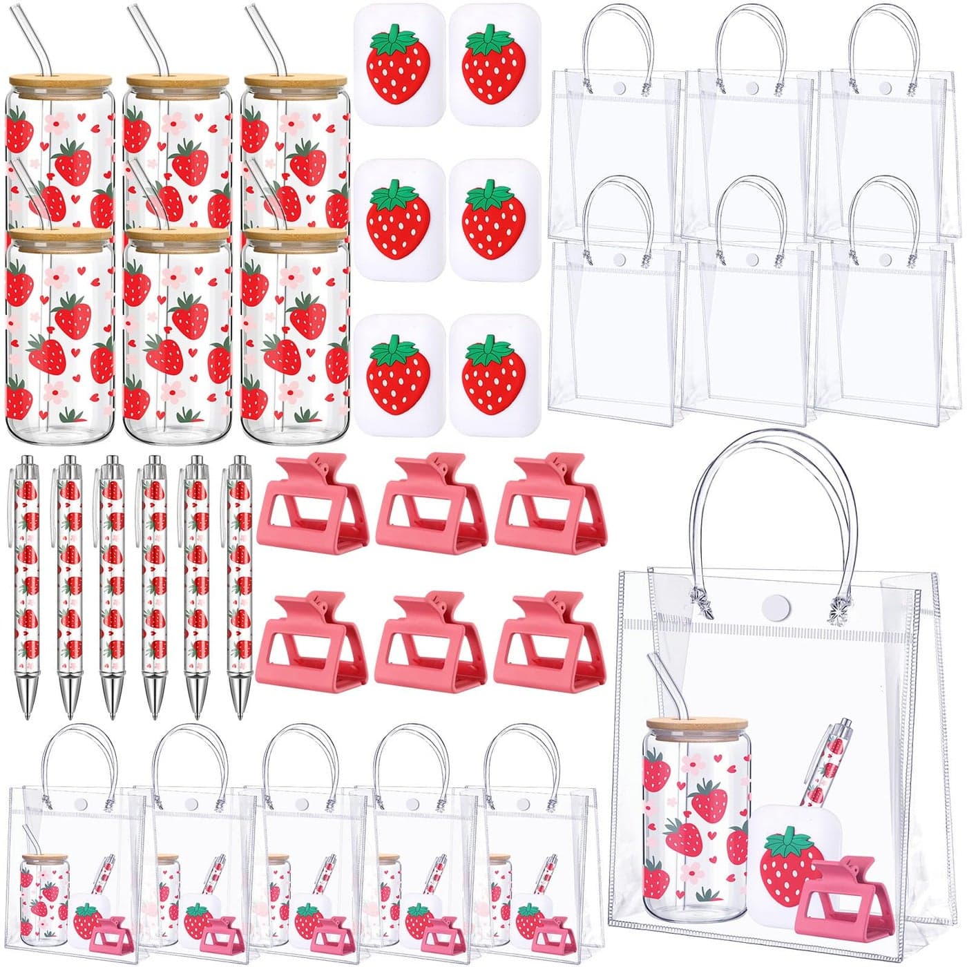 Daifunli 6 Set Baby Shower Game Prizes Sweet Strawberry Themed 17 oz Tumblers with Lids Straws Mirrors Pens Hair Clips Gift Bags for Baby Bridal Shower Wedding Party Favors