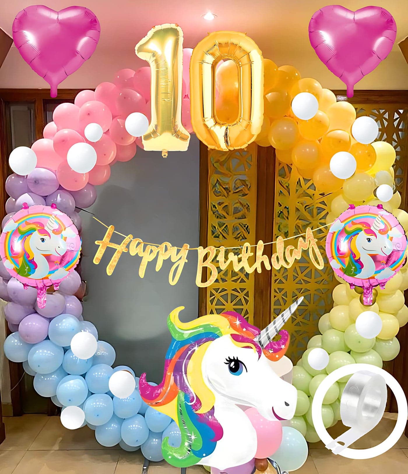 Mystic toy Store Unicorn theme 10th birthday decorations Kit for Girls Boys Kids for 10 Year with Unicorn Foil Heart Pink Purple Yellow green Orange Blue Pastel White Metallic Balloons Happy Banner