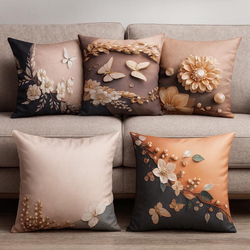 Vendola 3D Decorative Satin Sofa Cushion Covers Set of 5, 16 inch x 16 inch, Sofa Pillow Cover, Beige and Cream, Floral Design, Zipper Closure (Pearl Bloom, 16X16 Inches)