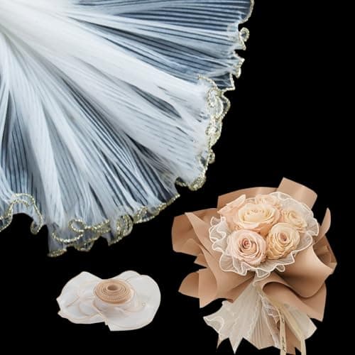 Amsthow 3 Pack Flower Wrapping Mesh Floral Wraps Paper with Bow 4.5 Yards White Translucent Wrinkled Wave Net Yarn Pleated Tulle for Weddding Favor Florist Flowers Bouquet Accessories Packaging