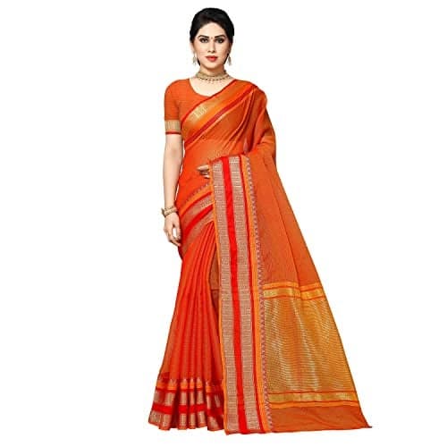 Sidhidata Women's Temple Border Kota Doria Cotton Manipuri Saree With Unstiched Blouse Piece (Kangana orange1_Orange_Free Size)