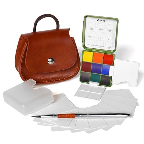 Funto Mini Watercolor Set Travel Kit with 9 Colors Leather Bag Watercolor Paper Portable Drawing Painting Supplies for Beginners Art Gift Set