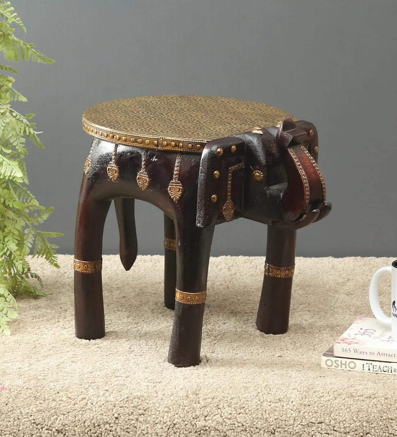 UJJWAL WOOD Inlay Brass Polish Decorative Rajastani Hand Polished Elephant Stool Rajasthani Home Decor Handicrafts Home Decorative Items in Living Room Bedroom Office 12 inch
