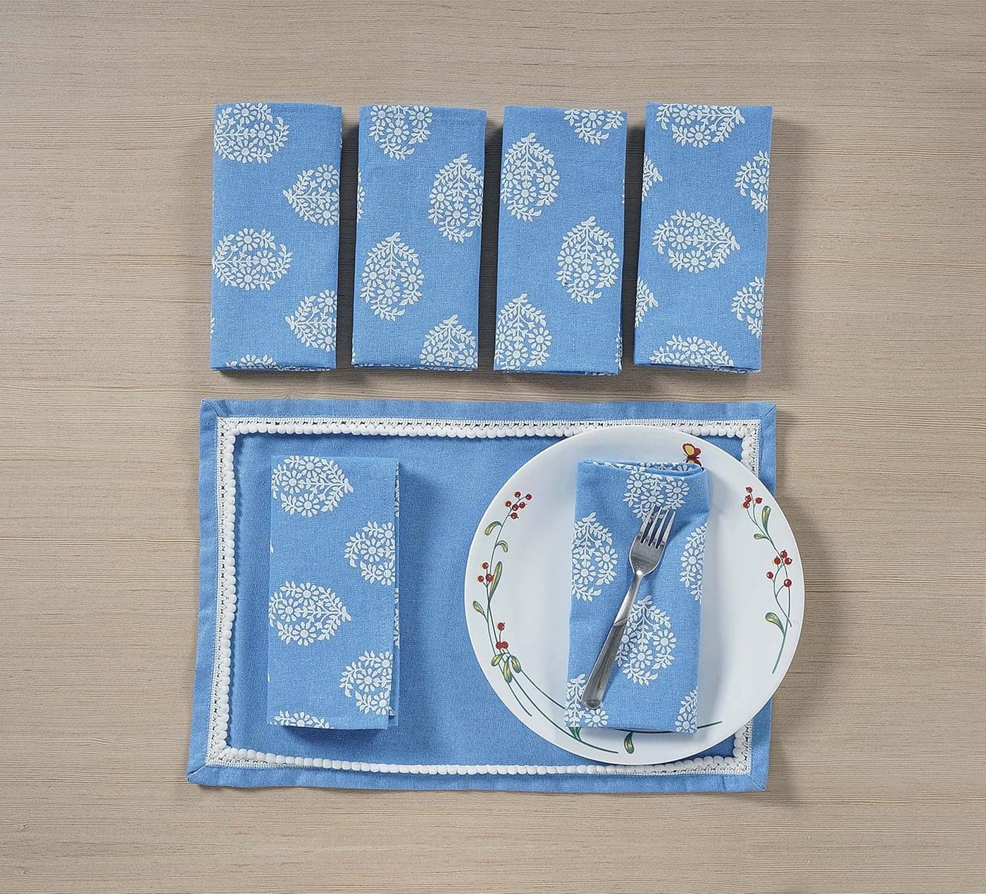 Swayam Blue,White 100% Cotton Gharana Dinner Napkin Set of 6 pcs