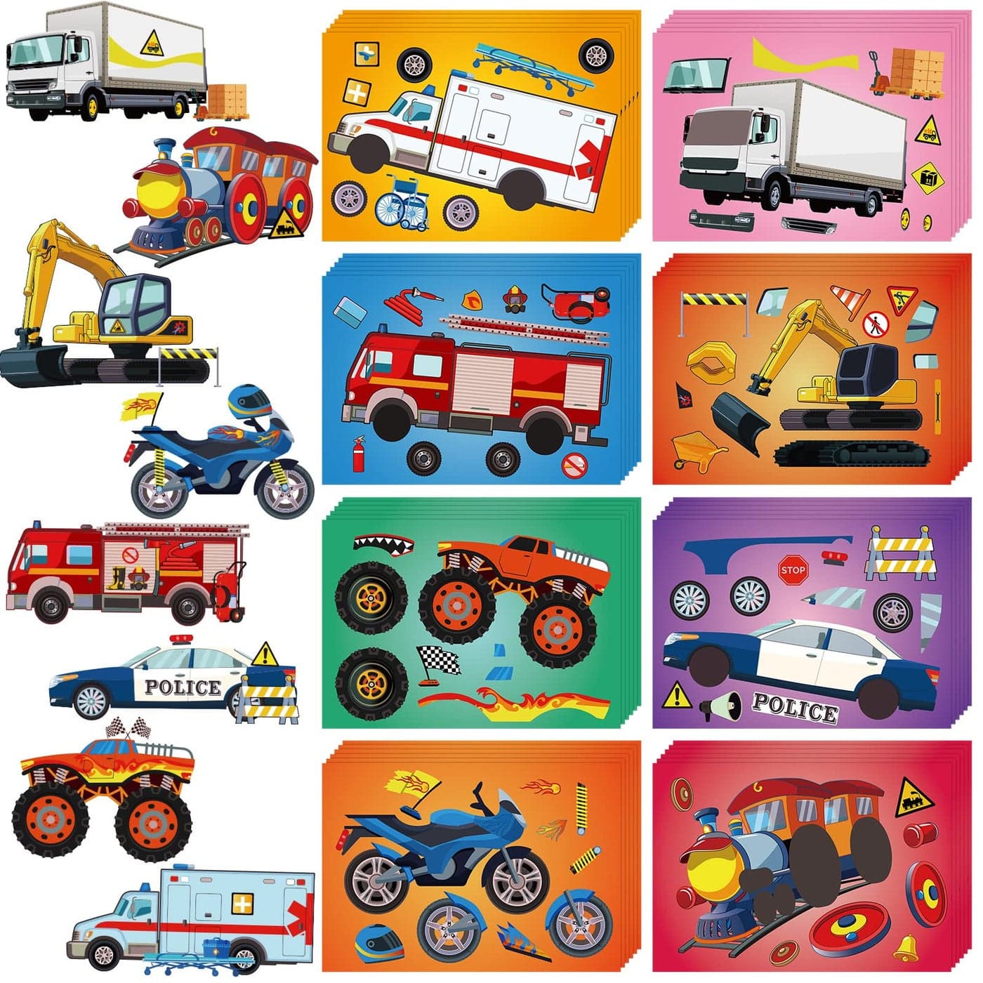 Zonon 48 Sheets Make Your Own Stickers Kit 8 Designs DIY Transportation Stickers Cartoon Car DIY Sticker for Kindergarten Birthday Gift Classroom Party Favors