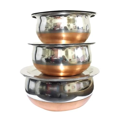 Dynore Stainless Steel Set of 3 Copper Bottom Handi Set/Serving Bowls with lid