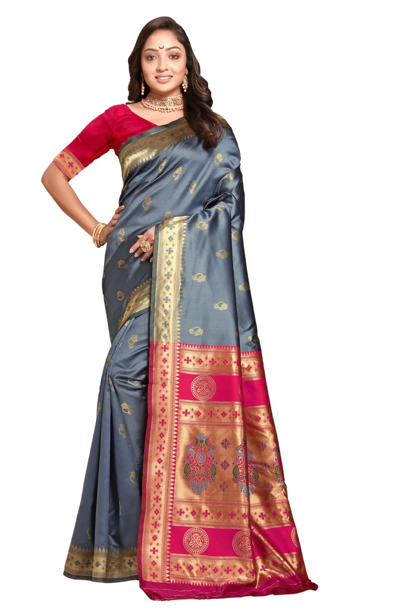 C J Enterprise Women's Banarasi Saree Pure Kanjivaram Silk Saree Soft Design Wear Pattu Sarees Latest Cotton With Blouse Piece for Wedding sadi new ladies 2025 (Nath paithani) (Grey-Pink)