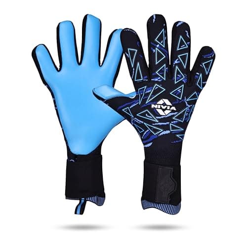 Nivia Nitro Goalkeeper Gloves for Men & Women, 4mm Super Soft Latex Palm, Knitted Backhand, Removable Strap, Wet & Dry Compatible Grip, Professional Gloves for Match & Training Play (Black/Blue, S)