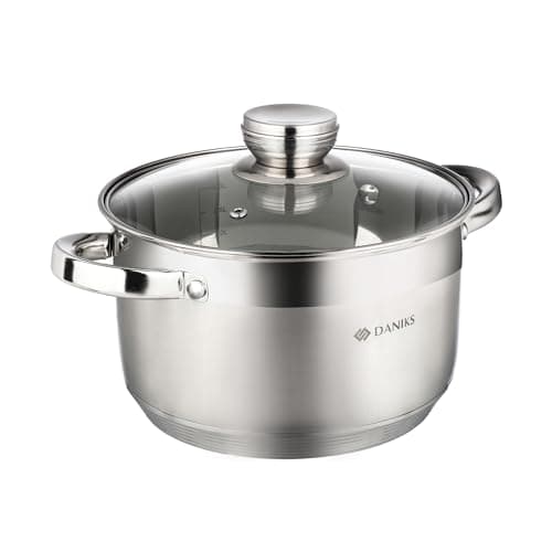 Daniks Standard 4 Quart Stainless Steel Stock Pot with Glass Lid, Tri-Ply Bottom for Even Heating, Induction Compatible, Dishwasher Safe, Built-In Measuring Scale, Silver