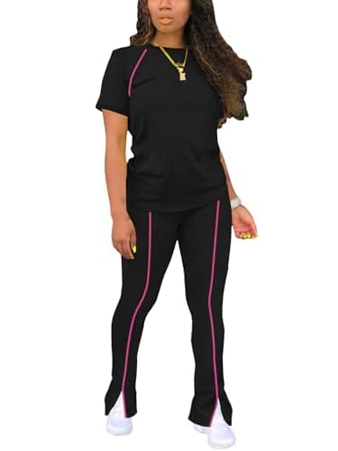 STOLKISS Lounge Sets for Women 2 Piece Fall Outfits Travel Sweatsuits Flared Leg Pant Matching Sets Womens Clothing Holiday Beach Fashion Outfit Teacher Lounge Sets Clothes Black L