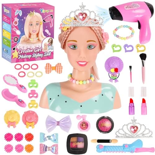 Ylpaprm 41PCS Deluxe Hair Styling Makeup Doll Head for Girl Kid Pretend Play Doll with Hair Salon Toy Beauty Stylist with Crown Hairdryer Curling Iron Hairpins Powder Lipstick Kit Birthday 8