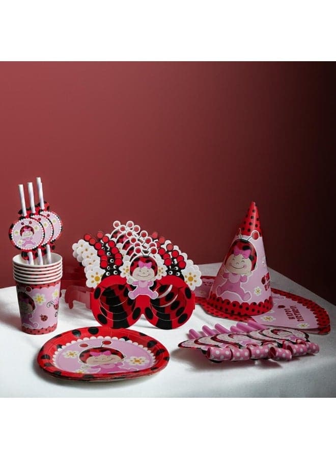TOY GARDEN Ladybug Birthday Party Supplies Set for 6 Guests – Plates, Cups, Hats, Masks, Straws & Whistles – Cartoon Theme Party Decorations for Kids Celebration
