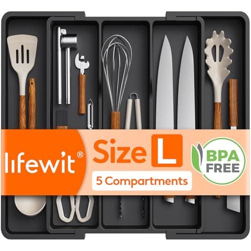 Lifewit Utensil Organizer, Adjustable Kitchen Drawer Organizer, Expandable Cooking Utensil and Cutlery Tray, Plastic Divider Holder Black 11.4-19.8" x 14.5"