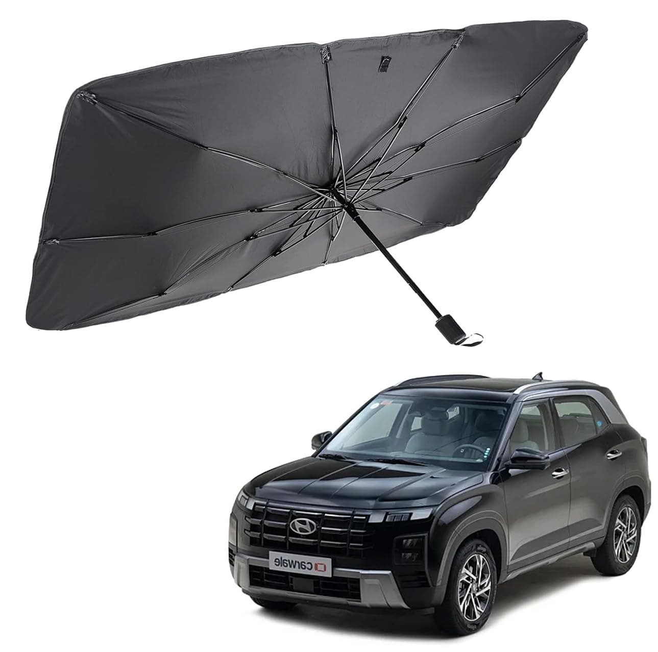 WHIPONE Fabric Car Sunshade Windshield Umbrella Sunshade Compatible for Hyundai Creta Car Front Window Sun Protection Foldable Sun Shade Full Cover Windshield for Most Vehicles, Black, 1 Piece