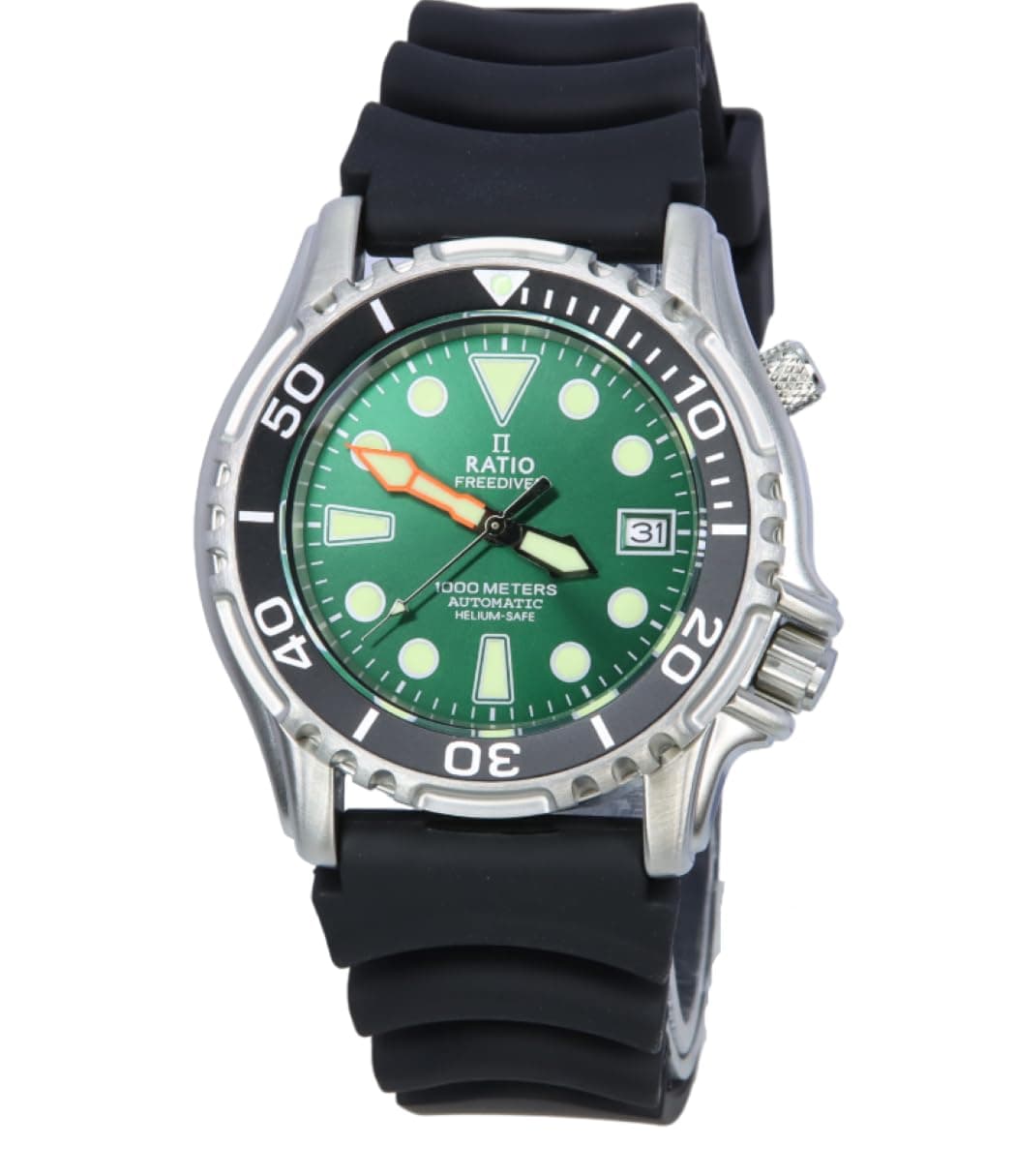 RATIO FreeDiver Helium Safe Dive Watch Stainless Steel Automatic Diver Watch 1000M Water Resistant Diving Watch for Men Green