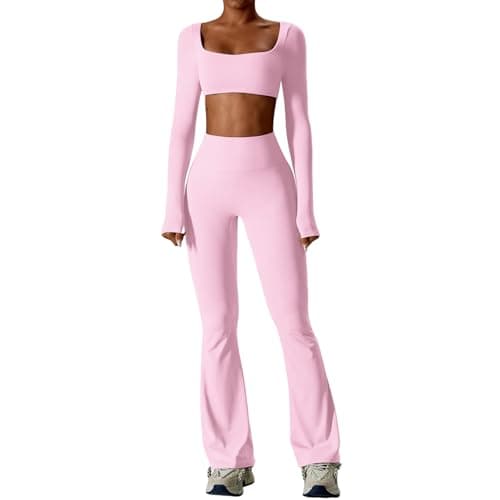 ABOCIW Workout Sets for Women Square Neck Long Sleeve Crop Top Scrunch Butt Lifting High Waist Flare Leggings 2 Piece Gym Yoga Outfits YPink Small