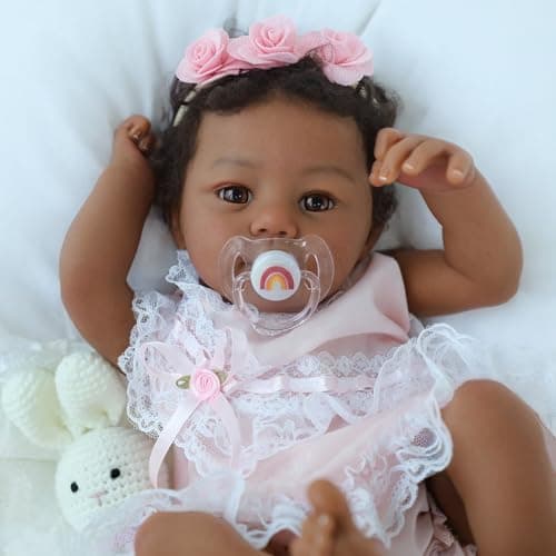 KSBD Reborn Baby Doll Black Girl 18Inch Realistic Lifelike African American Newborn Handmade Doll with Real Life Soft Weighted Body and Accessories Gift Set for Kids Ages 3 and Up