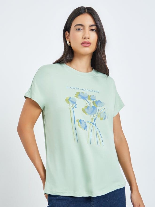 Styli Green Floral Print Short Sleeve T-Shirt