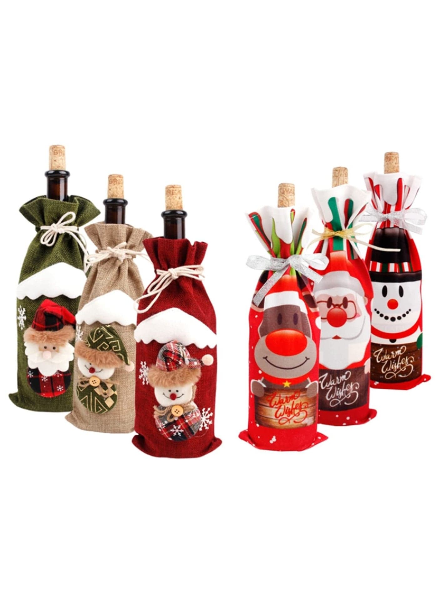 6PCS Christmas Wine Bottle Covers Santa Claus Snowman Gift Holders Holiday Decorations for Home Hotel Restaurant Table Xmas Navidad New Year Ornaments Red Wine Bottle Bags 30x14cm