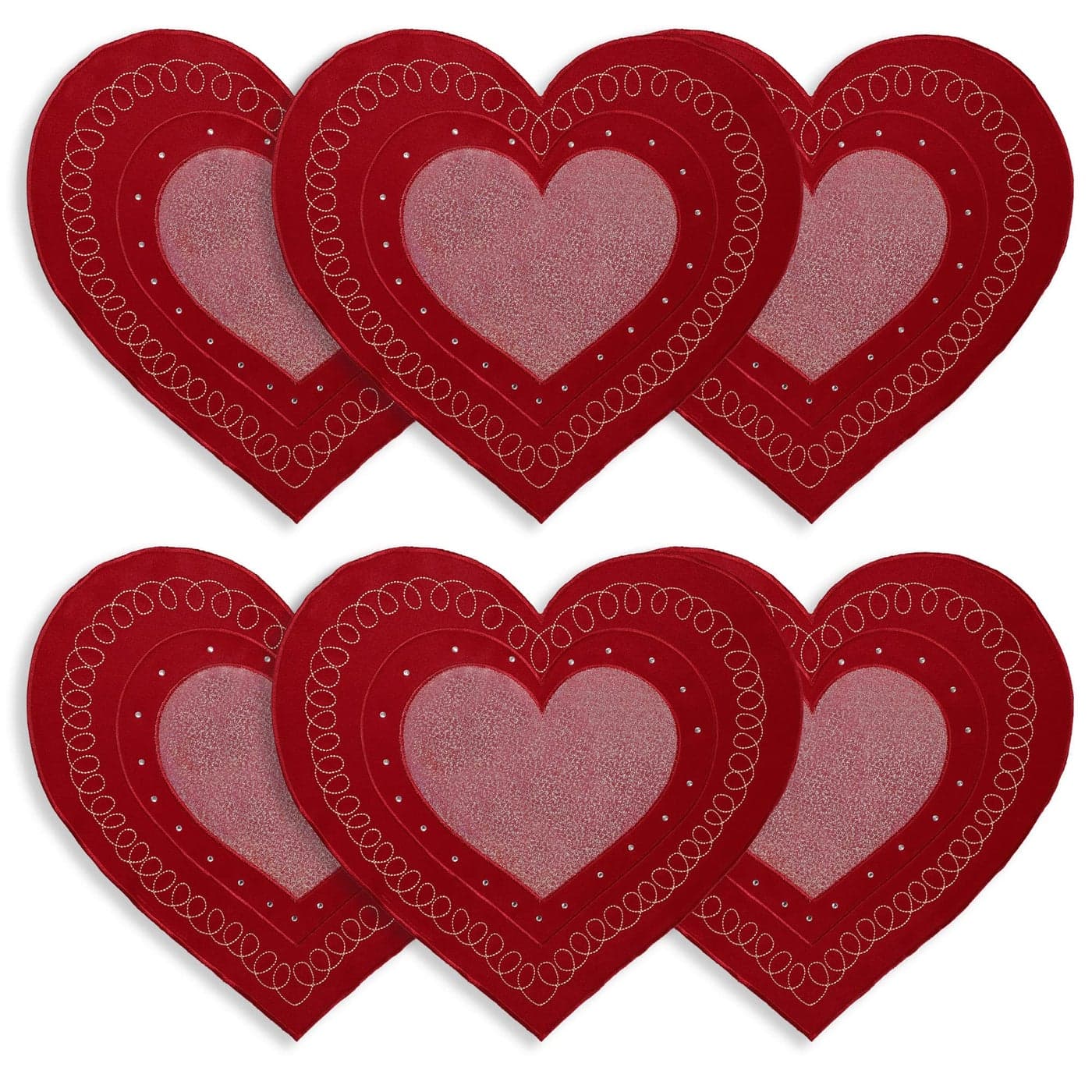 OWENIE Valentines Day Heart Placemats Set of 6 Embroidered Red Gillter Heart with Sequins Valentines Table Mats and Wedding Table Decor135 x 15 Red