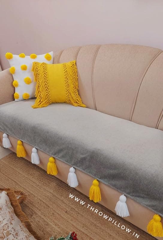 WWW.THROWPILLOW.IN Grey Tassel Sofa Cover:Luxurious Designer Couch Cover -Durable Thick Fabric, Antislip, Stylish & Functional: Seat Protection -Set of 3 Seat Covers- FITS: 3+1+1 Seater