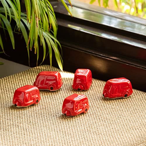 ExclusiveLane Ceramic Miniature Show Pieces for Home Décor | 'Mini Cars' Handpainted Decorative Showpiece for Living Room Showcase Artefacts Curios Idol Figurine (Set of 5, Red)
