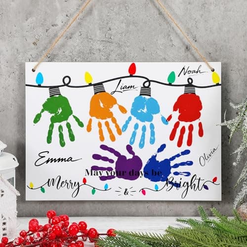 Epakh May Your Days Be Merry and Bright Christmas Handprint Craft Kit DIY Fingerprint Art for Family Activity with Wooden Board Paint and Brushes