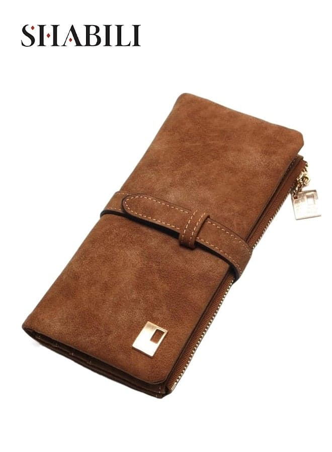 Women's PU Multi-Pocket Stitching Wallet Coin Purse Card Passport Organizer, Ladies Teenager Youth Long Clutch with Zip Pocket and Bill Slots for Daily Travel, Lightweight Secure Carry (Brown)