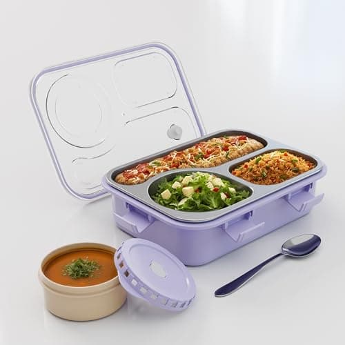 Darkpyro Premium 3-Compartment Stainless Steel Lunch Box Set with Extra Soup Container & Spoon | Durable, Eco-Friendly, BPA-Free Meal Box for School, Office & Travel (Purple)